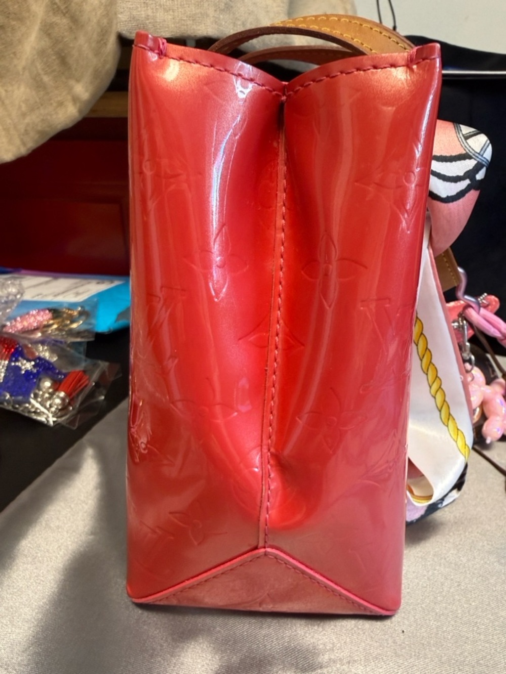 Louis Vuitton Pink Vernis Patent Tote with Tan Handles and unbranded charms. - Picture 10 of 16